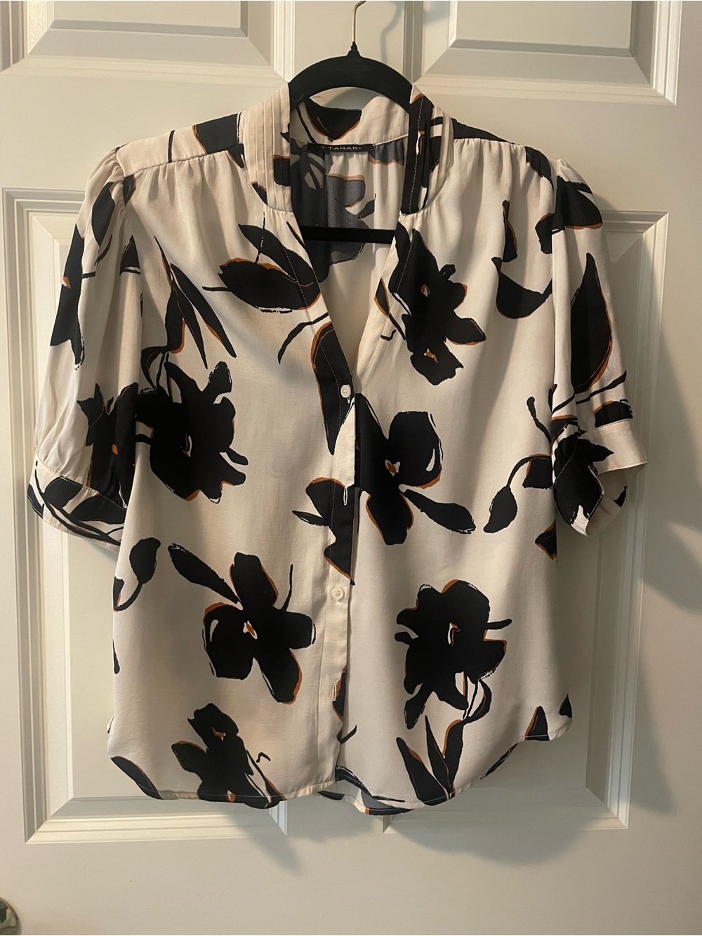 Tahari Cream Blouse with Bold Black Floral Print